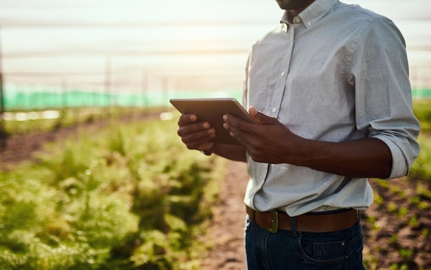 Groen leven met behulp van technologie Bijgesneden opname van een onherkenbare mannelijke boer die een tablet gebruikt terwijl hij op zijn boerderij werkt