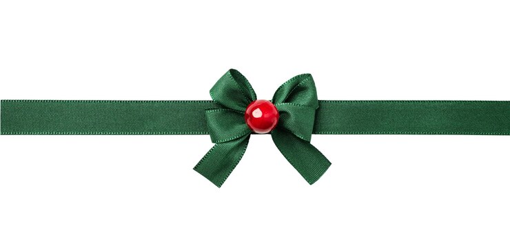 Foto groen lint en gebonden strik voor decoratie van het kerstcadeaupakket