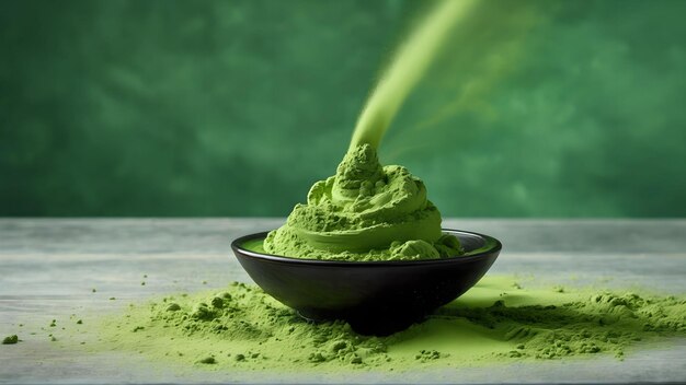 Groen matcha-theepoeder dat valt Gegenereerd met AI