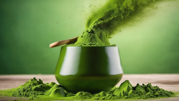 Groen matcha-theepoeder dat valt Gegenereerd met AI