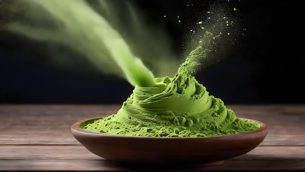 Groen matcha-theepoeder dat valt Gegenereerd met AI