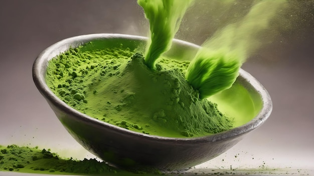 Groen matcha-theepoeder dat valt Gegenereerd met AI