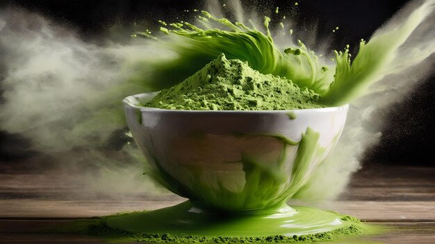 Groen matcha-theepoeder dat valt Gegenereerd met AI