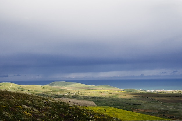 Groen mooi veld op de achtergrond van de blauwe zee