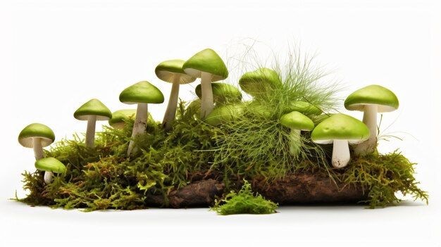 Groen mos en paddenstoelen geïsoleerd op een witte achtergrond