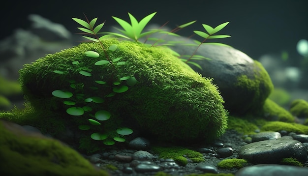 Groen mos in het bos op een steen Generatieve AI