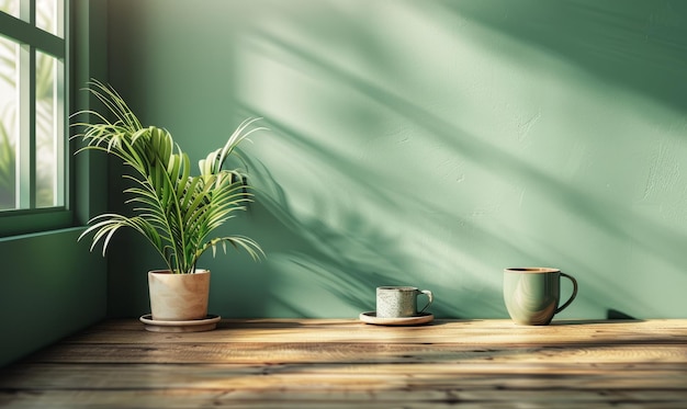 Foto groen muur mockup interieur met bloem in pot