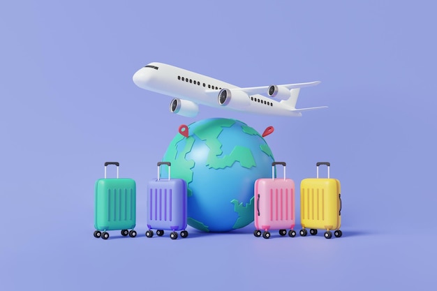 Groen paars roze gele koffer set geïsoleerd op paarse achtergrond vliegtuig reizen toerisme vliegtuig reis planning tour vrije tijd touring vakantie zomer concept Minimale cartoon 3d render illustratie