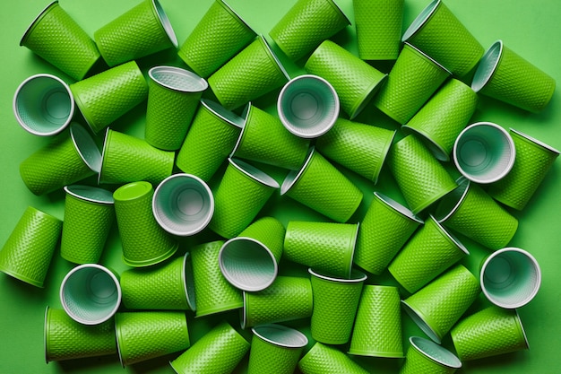 Groen plastic wegwerpservies op groene achtergrond