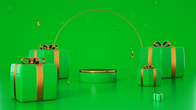 Groen podium met gouden inzetstukken waarrond nieuwjaarsgeschenken Nieuwjaarspodium 3D