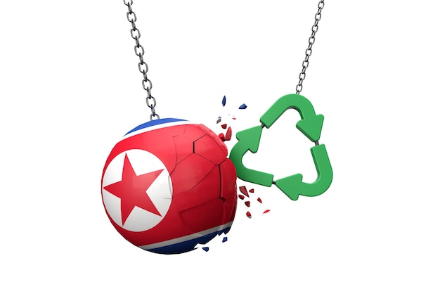 Groen recycle symbool crasht in een noord-korea vlag bal d rendering