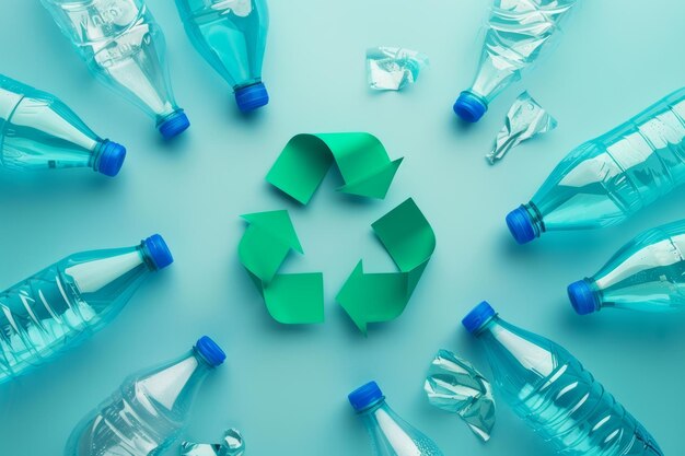 Groen recycle-symbool en groep plastic waterflessen op tafel Generatieve AI