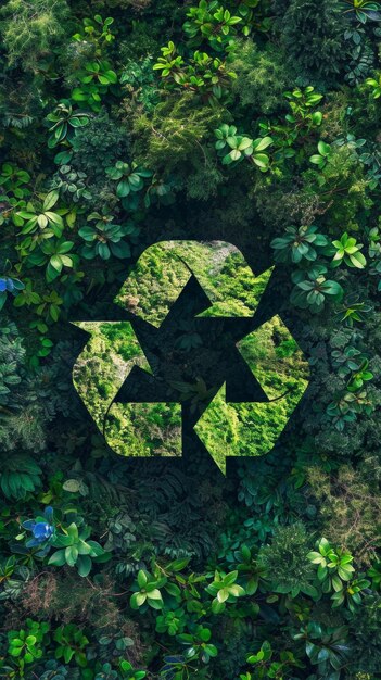 Groen recyclen omringd door bladeren en planten