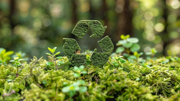 Groen recyclingsymbool geïntegreerd met de natuur op de bosbodem