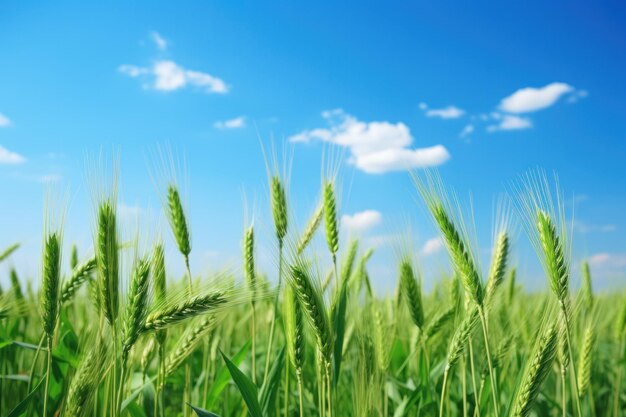 Foto groen tarweveld tegen de blauwe achtergrond