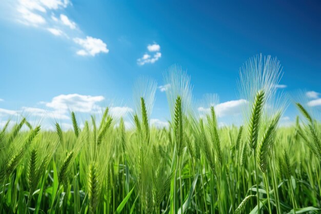 Groen tarweveld tegen de blauwe achtergrond