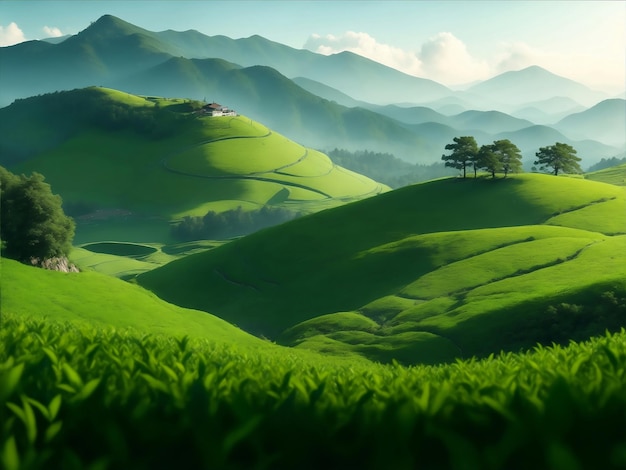 Groen thee veld op de berg Generatieve AI illustratie