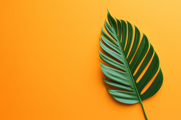 Groen tropisch blad op een oranje achtergrond met kopieerruimte