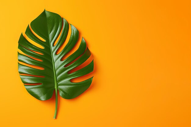 Groen tropisch blad op een oranje achtergrond met kopieerruimte