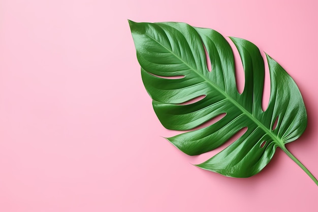 Groen tropisch blad op een roze achtergrond met kopieerruimte