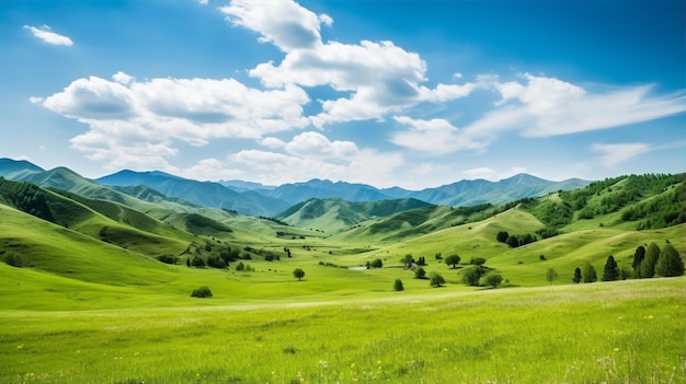 Groen veld en blauwe hemel berg heuvel zomer landschap achtergrond