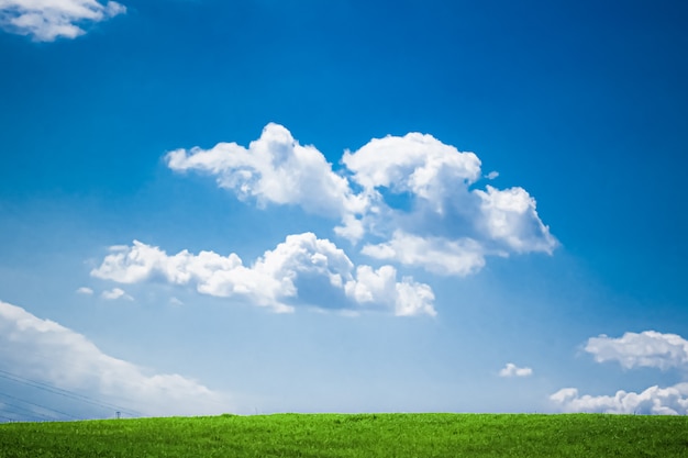 Groen veld en blauwe lucht met wolken prachtige weide als natuur- en milieuachtergrond