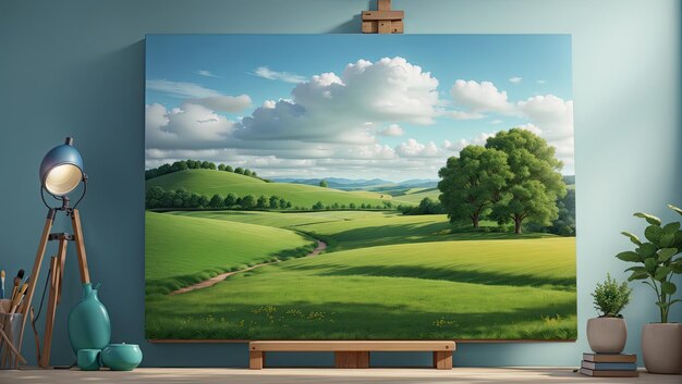 Groen veld en blauwe lucht schilderij matte kunst van RHADS