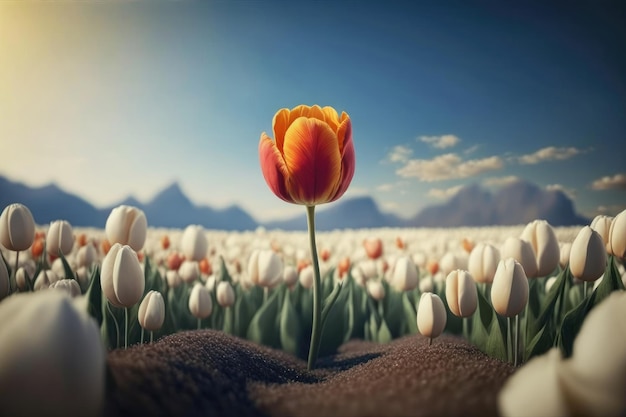 Groen veld met bloeiende tulpen Illustratie AI generatief