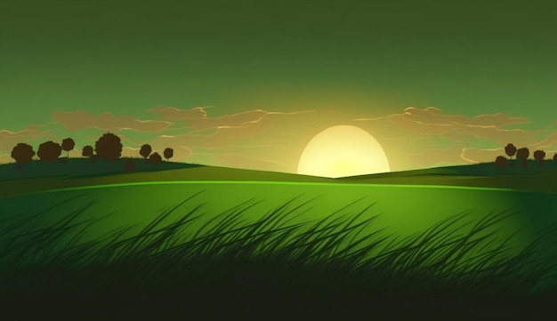 Groen veld met een zonsondergang en de zon