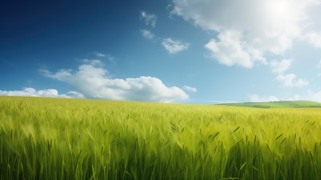 Groen veld tegen een blauwe lucht met wolken