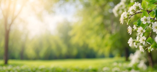 Groen vervaagde natuurlandschap en achtergrond van zonnestralen Voorjaarsconcept achtergrond