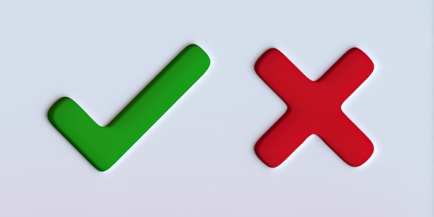 Foto groen vinkje en rood kruisteken op witte achtergrond
