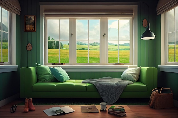 Groen weidezicht met interieur woonkamer m Generative by AI