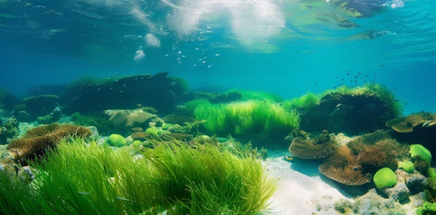 Groen zeewier met vis natuurlijk onderwater zeegebied in de oceaan