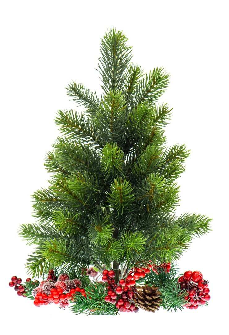 Foto groenblijvende kerstboom met rode decoraton geïsoleerd op een witte achtergrond