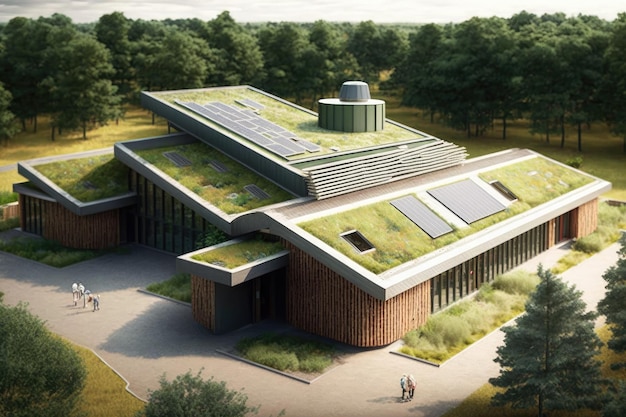 Groendakschool met zonnepanelen en aardwarmtesysteem gerealiseerd met generatieve ai