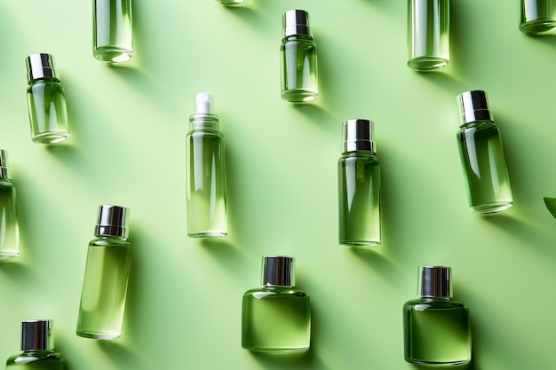 Groene achtergrond cosmetische mock-up trending glazen flessen met serum olie en huidverzorging crème top