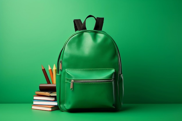 Groene achtergrond met schooltas en educatieve accessoires Generatieve AI