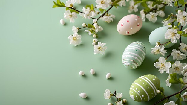 Groene achtergrond met witte bloemen en paaseieren Generatieve AI