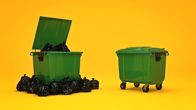 Groene afvalcontainers. 3D-rendering