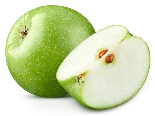 Groene appel half geïsoleerd op witte achtergrond Groene appel uitknippad Appelvruchten
