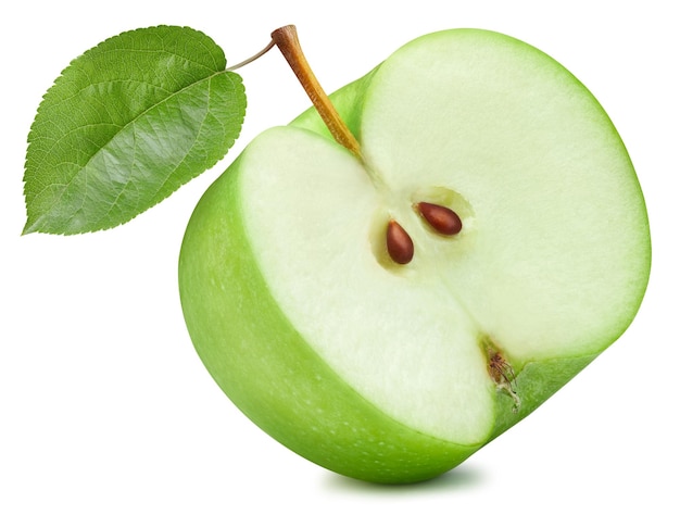 Groene appel half uitknippad Biologische verse appel geïsoleerd op wit Volledige scherptediepte