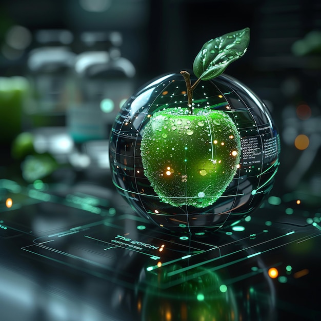 Groene appel in een glazen bol op een donkere achtergrond 3D-weergave