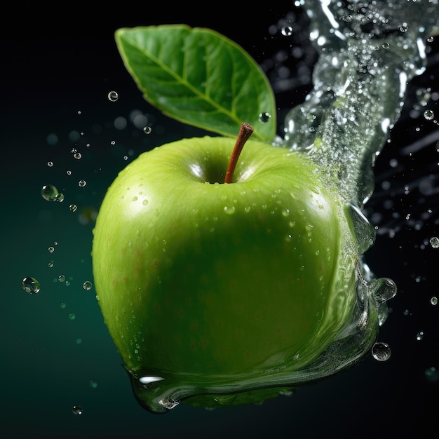 Groene appel in water met een zwarte achtergrond