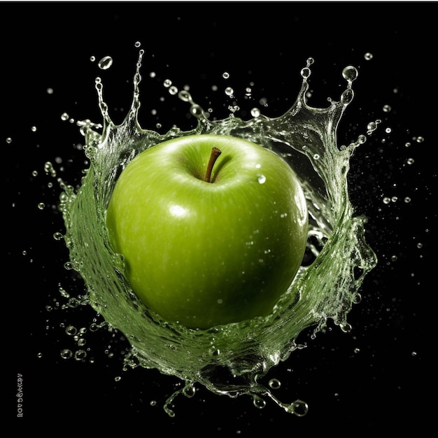 Groene appel in water spat geïsoleerd op zwarte achtergrond Vers fruit