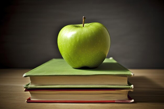 Foto groene appel op een stapel boeken.