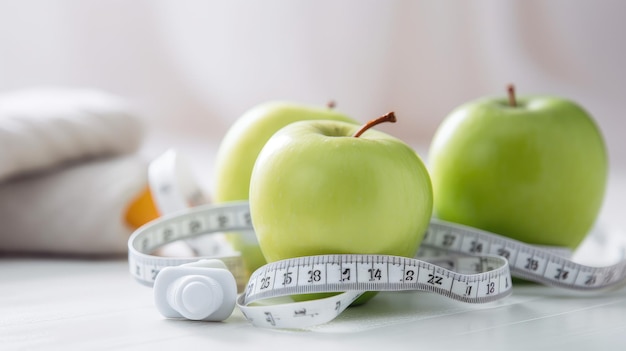 Groene appels en een meetlint op een tafel