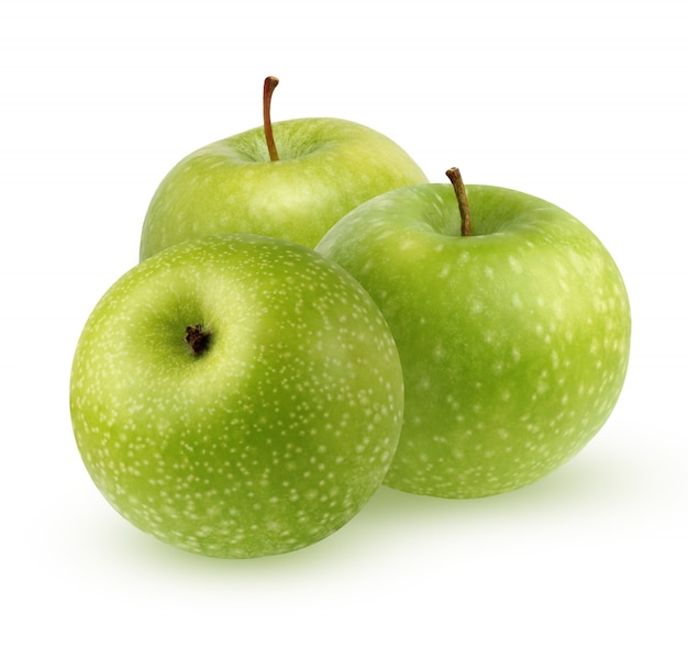 Groene appels geïsoleerd op een witte achtergrond. Bos van drie hele vruchten met schaduw.