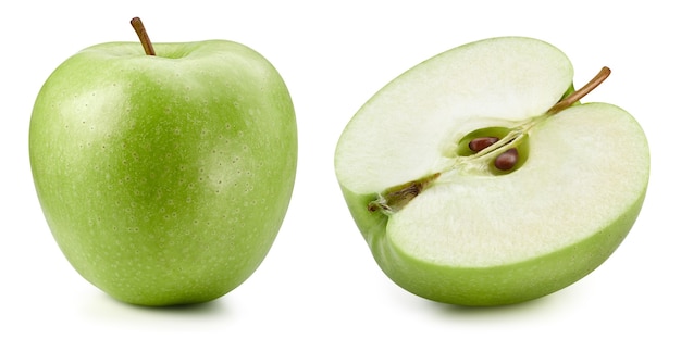 Groene appels geïsoleerd op een witte achtergrond. rijpe verse appels uitknippad. appels collectie