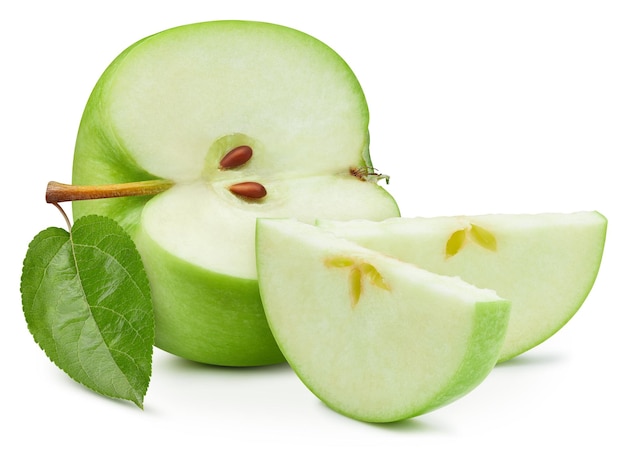 Groene appels geïsoleerd op witte achtergrond Rijpe verse appels Uitknippad Appel met blad